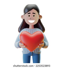 Portrait of casual funny smiling brunette girl estilo cartoon. holding red heart shape with her hand. 3d render.