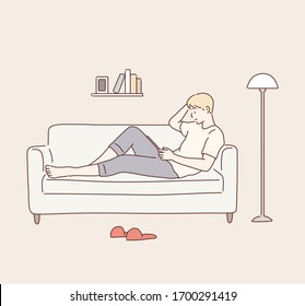 Portrait of a casual man lying on the sofa with tablet computer. Hand drawn style vector design illustrations.