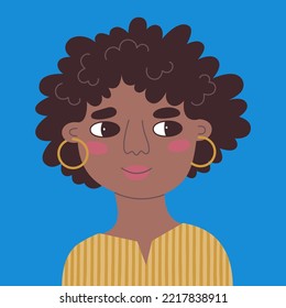 Portrait of a casual smiling black woman with afro. Vector flat illustration of a young girl with hoop earrings looking sideways. A lady in striped tunic. Hand drawn cartoon avatar for social network.