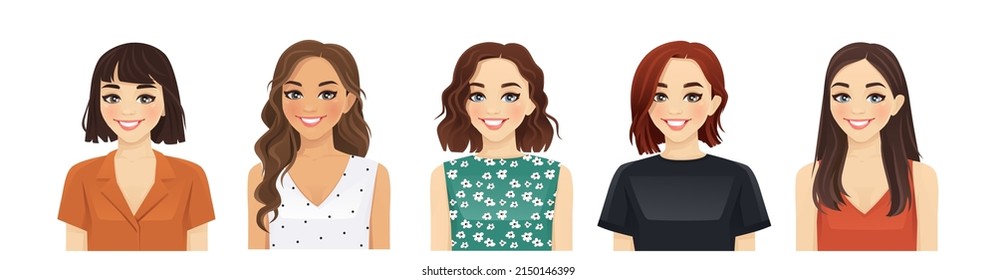 Portrait of casual women with different hairstyles and outfits isolated vector illustration - Shutterstock ID 2150146399
