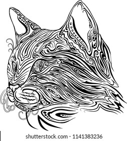 Portrait of a cat, black and white linear illustration in vector. Can be used as a print, tattoo, doodle