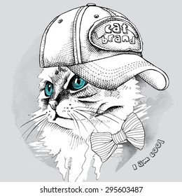 Portrait cat with blue eyes in a cap and tie. Vector illustration.
