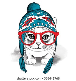 Portrait of a cat in blue winter hat with ear flaps and glasses. Vector illustration.