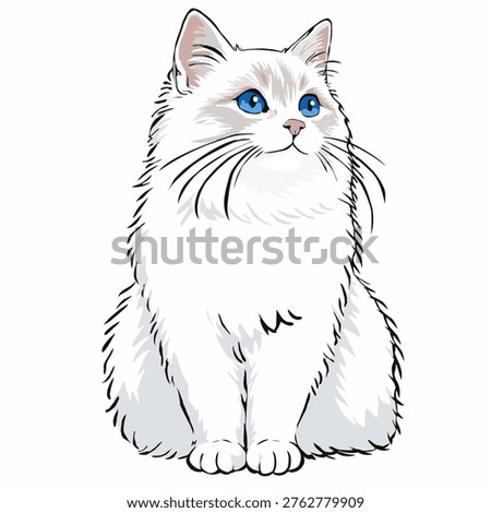 Portrait of a cat with bright blue eyes on a white background.