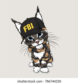 Portrait of a cat in the cap of an FBI agent. Can be used for printing on T-shirts, flyers, etc. Vector illustration