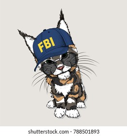 Portrait of a cat in the cap of an FBI agent. Can be used for printing on T-shirts, flyers, etc. Vector illustration