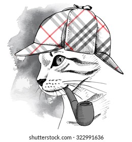 Portrait of a cat in checkered deerstalker with smoking pipe. Vector illustration.