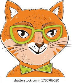 portrait of a cat in a children's style. stylish smart cat hipster with glasses