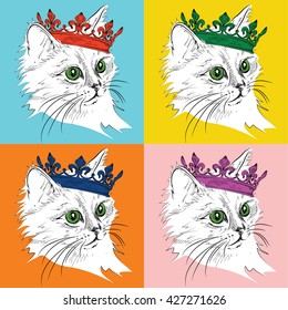 Portrait of cat with the crown. Pop art style vector illustration.