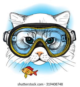 Portrait of a cat in a diving mask on blue background with small fish. Vector illustration.