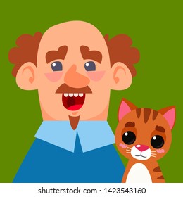 Portrait of a cat and an elderly man. Boss and pet. Logo for a veterinary clinic. Vector illustration in cartoon style.