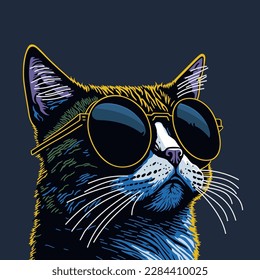 Portrait Cat and glasses  Vector art illustration  T  shirt design 
