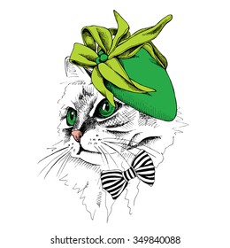 Portrait of a cat in green Elegant women's hat with bow. Vector illustration.
