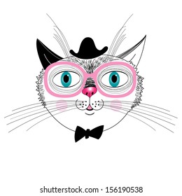 portrait of a cat in a hat and hipster glasses on a white background 