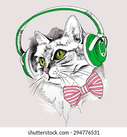 Portrait cat with headphones and with tie. Vector illustration.