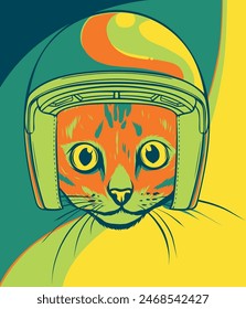 Portrait of cat in helmet. Vector illustration.