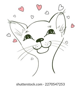 Portrait of a cat in love. Contour vector drawing.