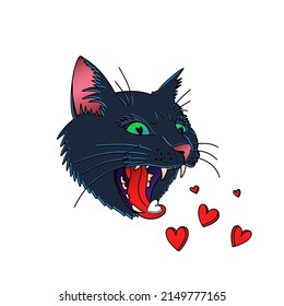 Portrait of a cat with an open mouth and a heart on the tongue. Cat growls vector illustration. T-shirt print design.
