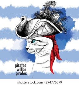 Portrait of a cat in a pirate hat and bandana on blue striped background. Vector illustration.