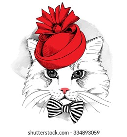 Portrait cat in a red Elegant woman's hat and with bow. Vector illustration.