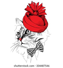Portrait Of A Cat In Red Elegant Women's Hat With Bow. Vector Illustration.