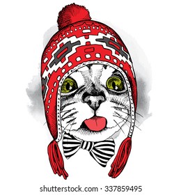 Portrait of a cat in red winter hat with ear flaps and tie. Vector illustration.