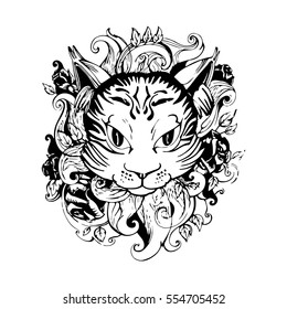 Portrait of a cat in roses and leaves, vector illustration cat ornament, doodle
