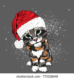Portrait of a cat in a santa claus hat. Can be used for printing on T-shirts, flyers, etc. Vector illustration
