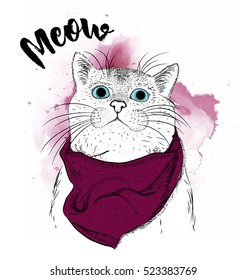 Portrait of a Cat with a scarf. vector illustration.Abstract Background with Watercolor Stains