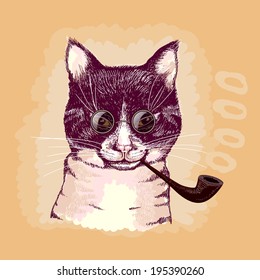 Portrait of a cat smoking a pipe and wearing glasses. Illustration