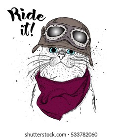 Portrait of a Cat with steampunk helmet. Vector illustration. Abstract Background with Watercolor Stains