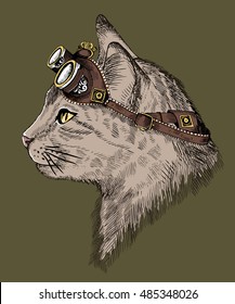  portrait cat, steam-punk cat with yellow eyes and retro glasses, cat in etching style