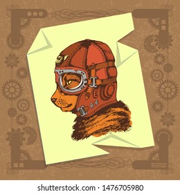 Portrait of a cat in a vintage flying helmet in a fancy frame in the style of steam punk. Vector illustration