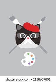 Portrait of cat, wearing Beret cap, cool style, like a painter