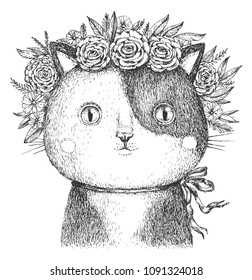 Portrait of cat with wreath. hand drawn  illustration