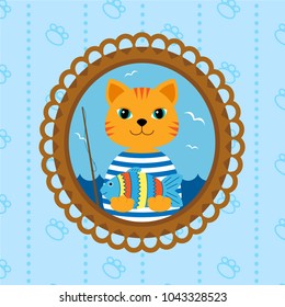 Portrait of a cat-fisherman. Vector illustration.