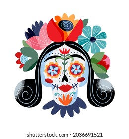 Porträt Catrina La Calavera Vektorgrafik. Feierlich leckeres Skelett weibliches Gesicht Dia de los muertos, Tag der toten Feier einzeln. handgezeichneter Zuckerschädel auf Blumenkranz