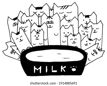 Portrait of cats and milk in doodle style. Vector, sketch hand drawn image. Motives of nature, pets, everyday life. Can be used for web design, printing and illustration