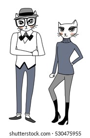 Portrait of cats in stylish outfit. Hipsters. Hand drawn style. Vector illustration.