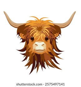 Portrait of baby Highland cattle, cow. Cute head of Scottish cattle isolated on white background. Design element for logo, poster, card, banner, emblem, t shirt. Vector illustration.