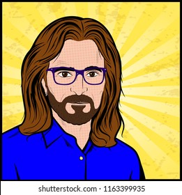 Portrait of a Caucasian male with long hair, beard, glasses and mustache - Vector Illustration In Pop Art Comic Style