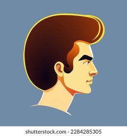 Portrait of a Caucasian man in profile, 1960s, 1970s, 1980s poster style, retro, futuristic, strong healthy hair, clean-shaven face, salon advertising, vector illustration