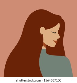 Portrait of an Caucasian woman in profile with long hair. Avatar of young white girl with the chestnut hair. Vector illustration