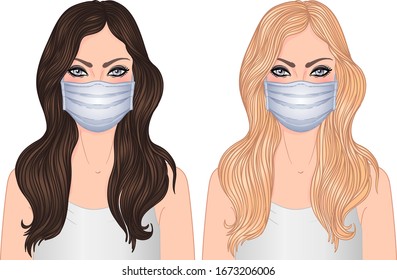Portrait of caucasian woman in  white medical face mask. Coronavirus in China. Novel coronavirus (2019-nCoV). Concept of coronavirus quarantine. Vector illustration.