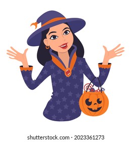 A portrait of a caucasian woman in a witch costume holding a carved halloween pumpkin bucket full of candy. Trick or treat tradition. Flat style vector illustration.