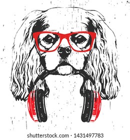 Portrait of  Cavalier King Charles Spaniel with glasses and headphones. Hand-drawn illustration. T-shirt design. Vector