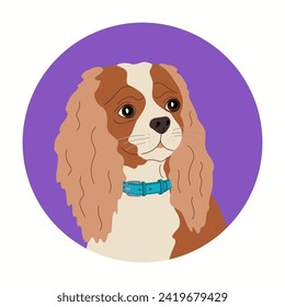 Porträt von Cavalier King Charles Spaniel. Rutschengesicht. Handgezeichnete Vektorgrafik einzeln auf weißem Hintergrund, floraler Cartoon-Stil.