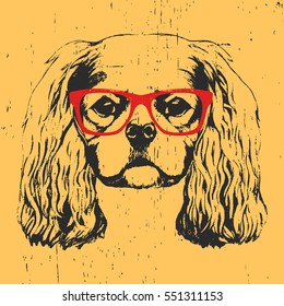 Portrait of Cavalier King Charles Spaniel with glasses. Hand drawn illustration. Vector