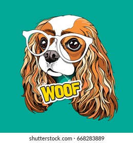 Portrait of the Cavalier King Charles Spaniel in a glasses and with card "Woof" on a green background. Vector illustration.