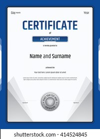 Portrait certificate of achievement template in vector blue border